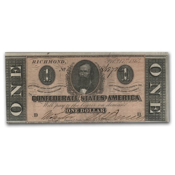 1863 CSA $1 (T-62) Clement C. Clay AU 1863 CSA $1 (T-62) Clement C. Clay AU