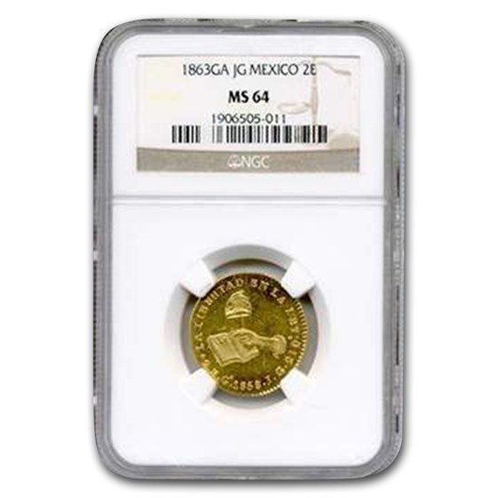1863 Ga-JG Mexico Gold 2 Escudos MS-63 NGC 1863 Ga-JG Mexico Gold 2 Escudos MS-63 NGC
