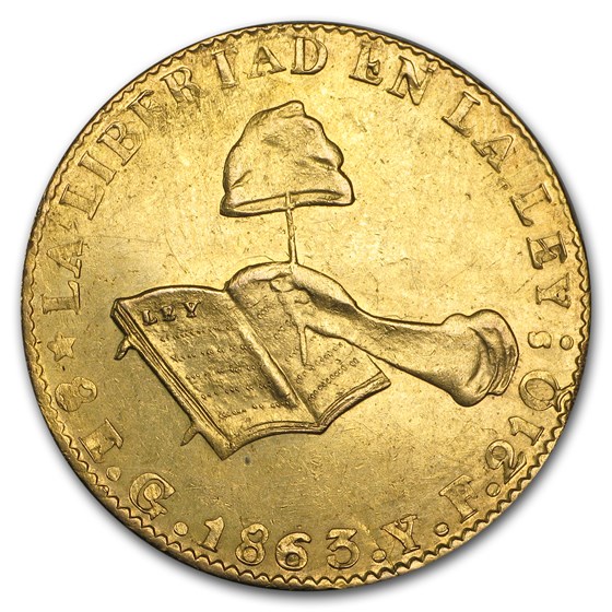 1863 Go YF Mexico First Republic Gold 8 Escudos AU 1863 Go YF Mexico First Republic Gold 8 Escudos AU
