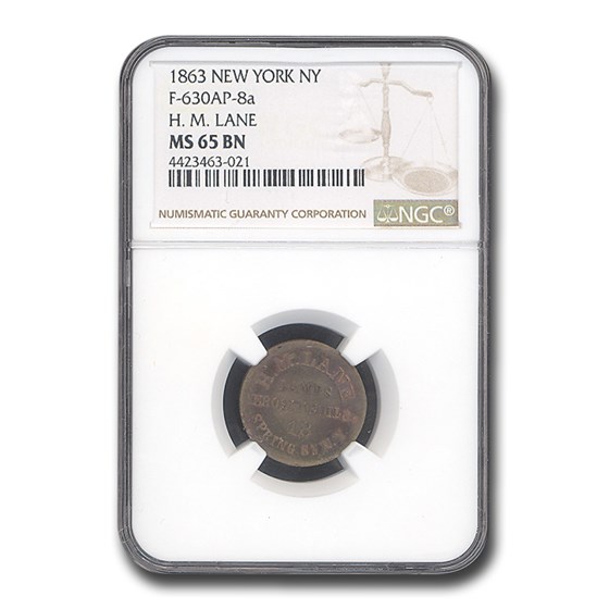 1863 H.M. Lane Civil War Token MS-65 NGC (Brown, F-630AP-8a) 1863 H.M. Lane Civil War Token MS-65 NGC (Brown, F-630AP-8a)