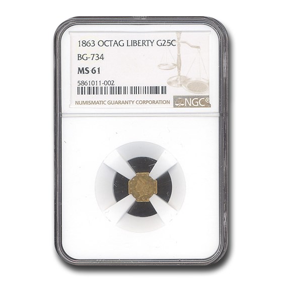 1863 Liberty Octagonal 25 Cent Gold MS-61 NGC (BG-734) 1863 Liberty Octagonal 25 Cent Gold MS-61 NGC (BG-734)