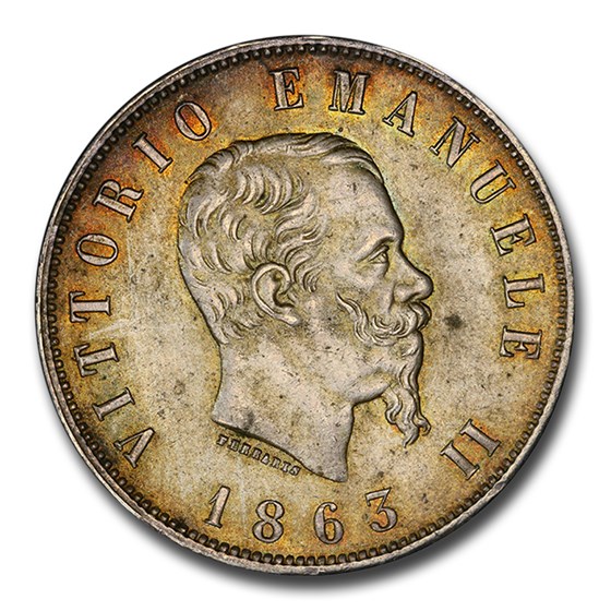 1863-N Italy Silver 2 Lire Emanuele II MS-63 PCGS 1863-N Italy Silver 2 Lire Emanuele II MS-63 PCGS