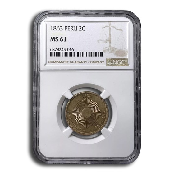 1863 Peru 2 Centavos MS-61 NGC 1863 Peru 2 Centavos MS-61 NGC