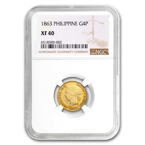 1863 Philippines Isabella II Gold 4 Pesos XF-40 NGC 1863 Philippines Isabella II Gold 4 Pesos XF-40 NGC