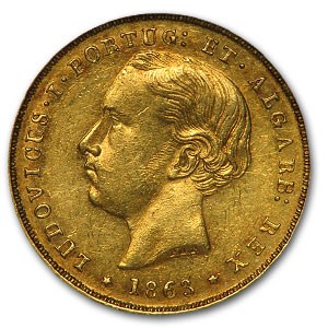 1863 Portugal Gold 5000 Reis King Luiz I AU 1863 Portugal Gold 5000 Reis King Luiz I AU