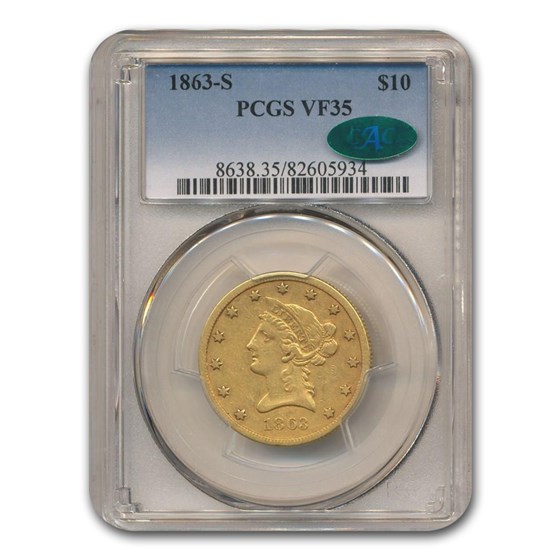 1863-S $10 Liberty Gold Eagle VF-35 PCGS CAC 1863-S $10 Liberty Gold Eagle VF-35 PCGS CAC