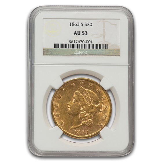1863-S $20 Liberty Gold Double Eagle AU-53 NGC