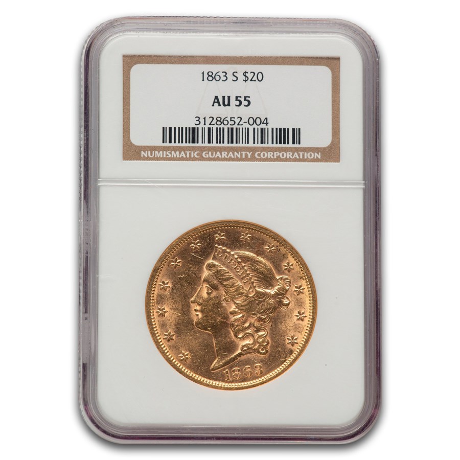 1863-S $20 Liberty Gold Double Eagle AU-55 NGC