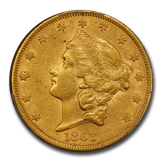 1863-S $20 Liberty Gold Double Eagle AU-55 PCGS CAC 1863-S $20 Liberty Gold Double Eagle AU-55 PCGS CAC