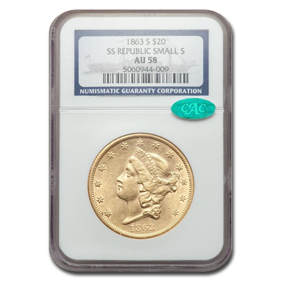 1863-S $20 Liberty Gold Double Eagle AU-58 NGC CAC (SS Rep Sm. S) 1863-S $20 Liberty Gold Double Eagle AU-58 NGC CAC (SS Rep Sm. S)