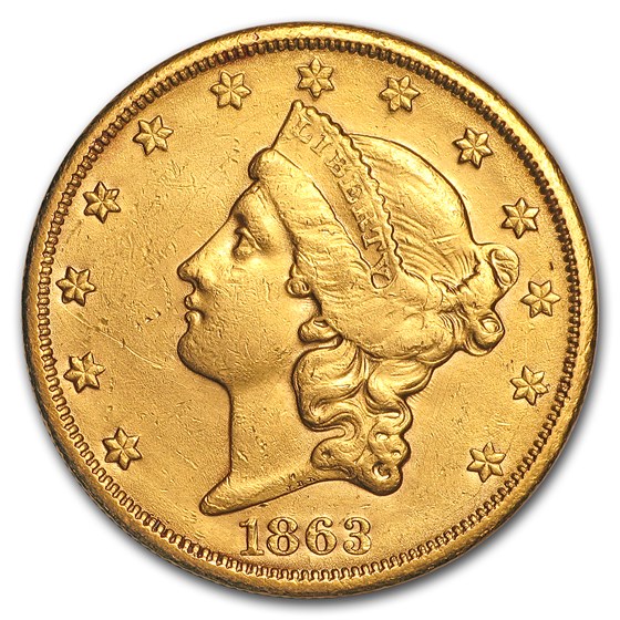 1863-S $20 Liberty Gold Double Eagle AU Details (Cleaned)