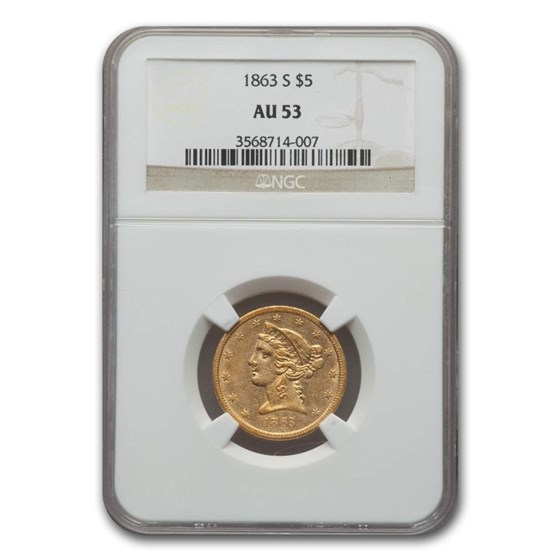 1863-S $5 Liberty Gold Half Eagle AU-53 NGC 1863-S $5 Liberty Gold Half Eagle AU-53 NGC
