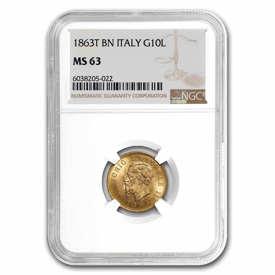 Buy 1863 T BN Italy Gold 10 Lire Vittorio Emanuele II MS-63 NGC