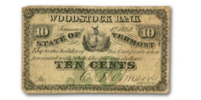 1863 Woodstock Bank, Woodstock, VT $.10 Note UNLISTED Fine 1863 Woodstock Bank, Woodstock, VT $.10 Note UNLISTED Fine