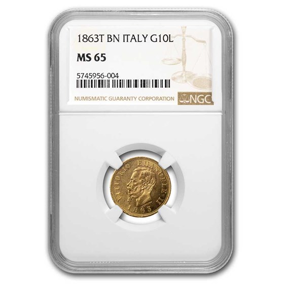 1863T Italy Gold 10 Lire Vittorio Emanuele II MS-65 NGC 1863T Italy Gold 10 Lire Vittorio Emanuele II MS-65 NGC
