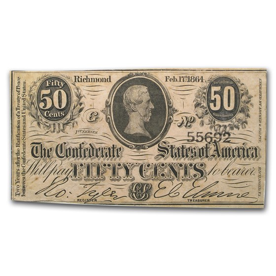 1864 $0.50 (T-72) Bust of Jefferson Davis Richmond, VA VF 1864 $0.50 (T-72) Bust of Jefferson Davis Richmond, VA VF