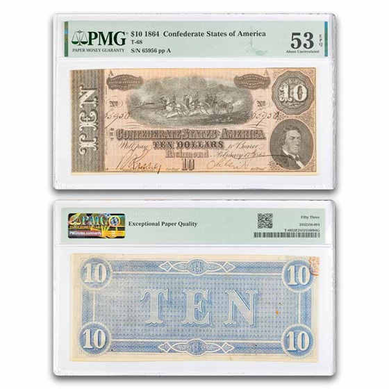 1864 $10 (T-68) Horses Pull Cannon AU-53 EPQ PMG