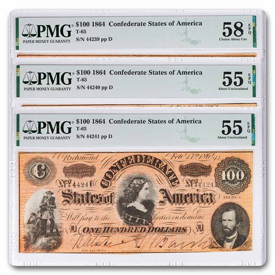 1864 $100 Lucy Pickens AU-55/58 EPQ PMG (T-65) 3 Consecutive