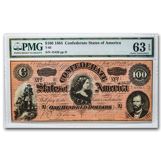 1864 $100 (T-65) Lucy Pickens CU-63 EPQ PMG 1864 $100 (T-65) Lucy Pickens CU-63 EPQ PMG