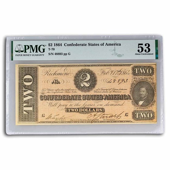 1864 $2.00 (T-70) Judah Benjamin AU-53 PMG 1864 $2.00 (T-70) Judah Benjamin AU-53 PMG