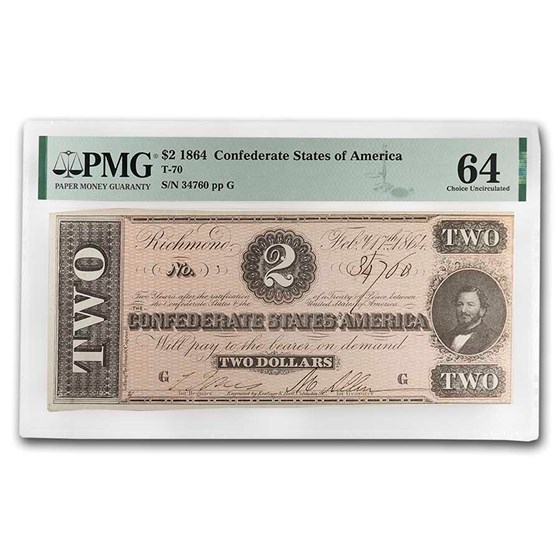 1864 $2.00 (T-70) Judah Benjamin Choice CU-64 PMG 1864 $2.00 (T-70) Judah Benjamin Choice CU-64 PMG