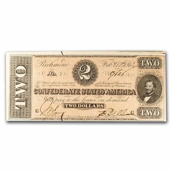 1864 $2.00 (T-70) Judah P. Benjamin XF (Uneven Cut) 1864 $2.00 (T-70) Judah P. Benjamin XF (Uneven Cut)