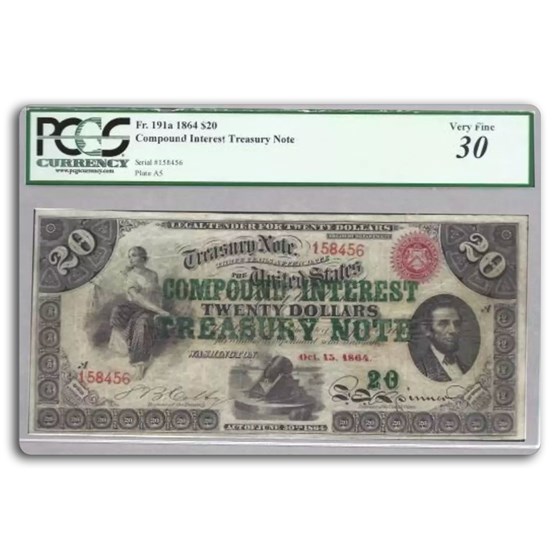 1864 $20.00 Compound Treasury Note VF-30 PCGS (Fr#191A) 1864 $20.00 Compound Treasury Note VF-30 PCGS (Fr#191A)