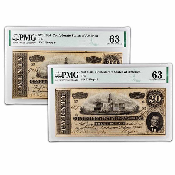 1864 $20 (T-67) Capitol @ Nashville, TN CU-63 PMG (2 Consecutive) 1864 $20 (T-67) Capitol @ Nashville, TN CU-63 PMG (2 Consecutive)