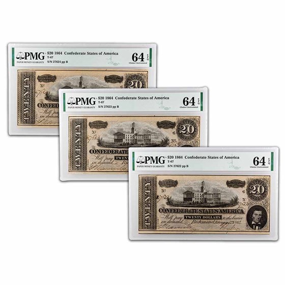 1864 $20 (T-67) Capitol @ Nashville, TN CU-64 EPQ PMG 3 Consec 1864 $20 (T-67) Capitol @ Nashville, TN CU-64 EPQ PMG 3 Consec