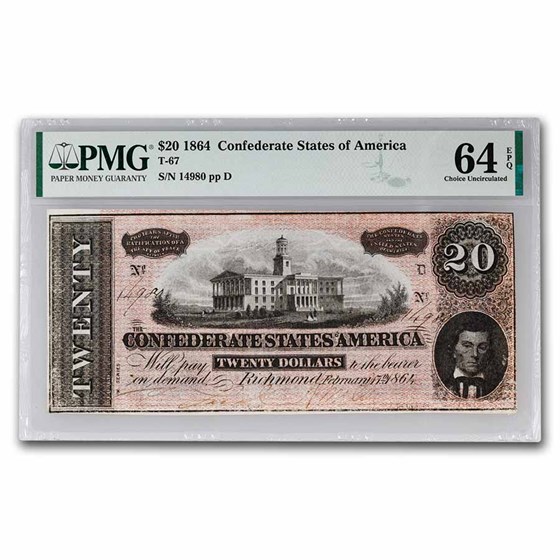 1864 $20 (T-67) Capitol @ Nashville, TN CU-64 EPQ PMG 1864 $20 (T-67) Capitol @ Nashville, TN CU-64 EPQ PMG