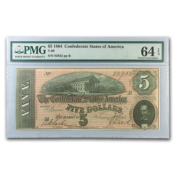 1864 $5.00 (T-69) Capitol @ Richmond, VA CU-64 EPQ PMG 1864 $5.00 (T-69) Capitol @ Richmond, VA CU-64 EPQ PMG