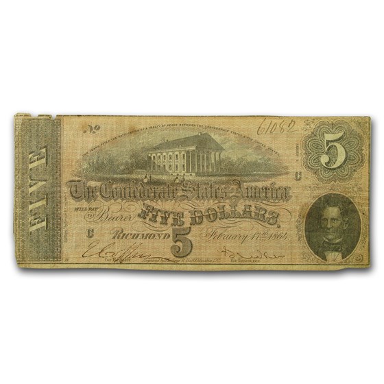 1864 $5.00 (T-69) State Capitol @ Richmond VG