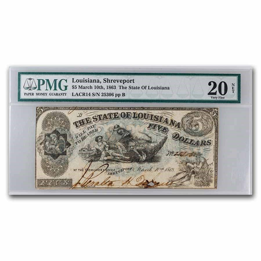 1864 $5 State of Louisiana Shreveport, LA VF-20 PMG - LACR14- NET