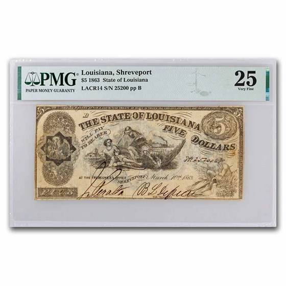 1864 $5 State of Louisiana - Shreveport, LA VF-25 PMG - LACR14 1864 $5 State of Louisiana - Shreveport, LA VF-25 PMG - LACR14