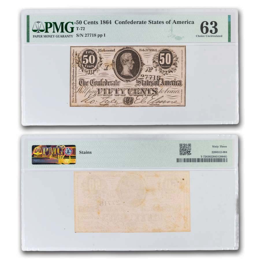 1864 50 Cents (T-72) Jefferson Davis Choice CU-63 by PMG