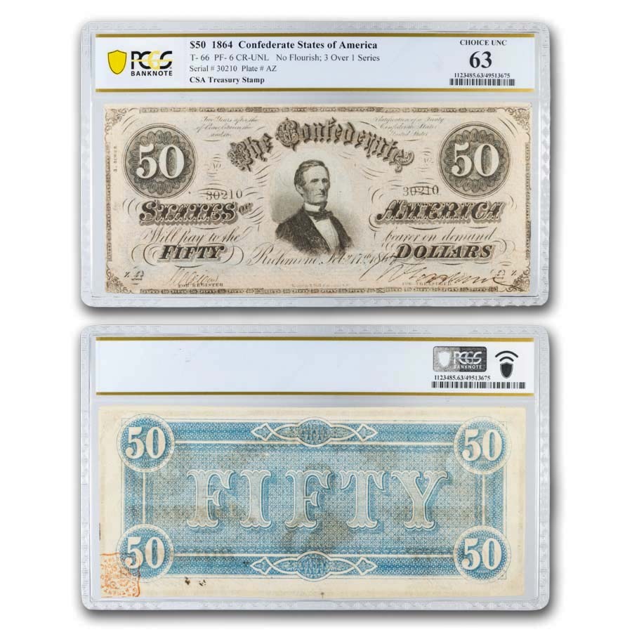 1864 $50 (T-66) Jefferson Davis CU-63 PCGS