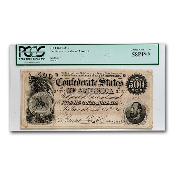 1864 $500 (T-64) Washington-Jackson AU-58 PPQ PCGS 1864 $500 (T-64) Washington-Jackson AU-58 PPQ PCGS