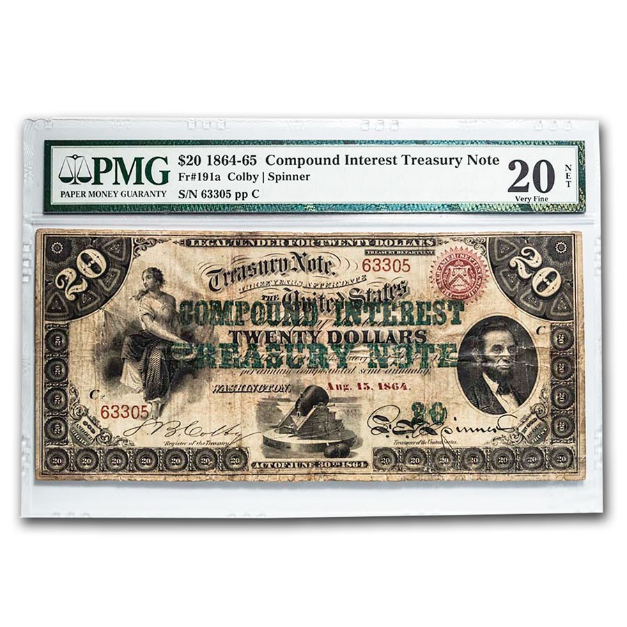 1864-65 $20.00 Compound Treasury Note VF-20 PMG (Fr#191A) Net