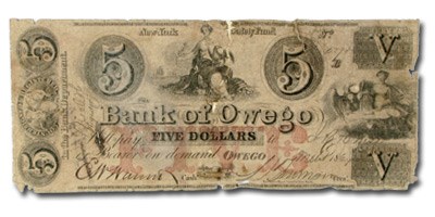 1864 Bank of Owego, NY $5 NY-2155 Fine COUNTERFEIT 1864 Bank of Owego, NY $5 NY-2155 Fine COUNTERFEIT