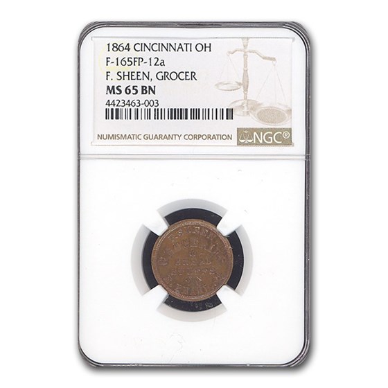 1864 Cincinnati OH F. Sheen Grocer Civil War Token MS-65 NGC (BN) 1864 Cincinnati OH F. Sheen Grocer Civil War Token MS-65 NGC (BN)