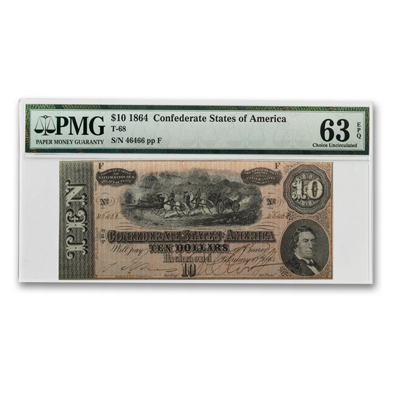 1864 CSA $10 (T-68) Horses Pull Cannon CU-63 EPQ PMG 1864 CSA $10 (T-68) Horses Pull Cannon CU-63 EPQ PMG