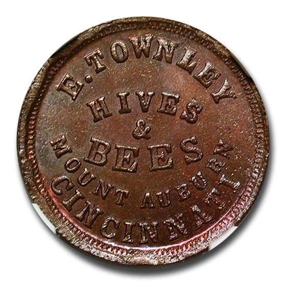 1864 E. Townley Hives & Bees Civil War Token MS-65 NGC (BN F-165) 1864 E. Townley Hives & Bees Civil War Token MS-65 NGC (BN F-165)