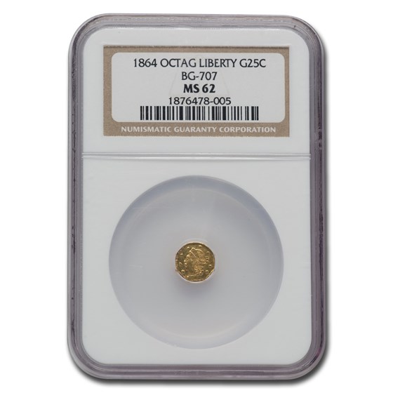 1864 Liberty Octagonal 25 Cent Gold MS-62 NGC (BG-707) 1864 Liberty Octagonal 25 Cent Gold MS-62 NGC (BG-707)