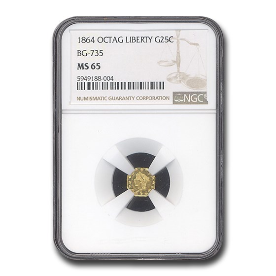 1864 Liberty Octagonal 25 Cent Gold MS-65 NGC (BG-735) 1864 Liberty Octagonal 25 Cent Gold MS-65 NGC (BG-735)