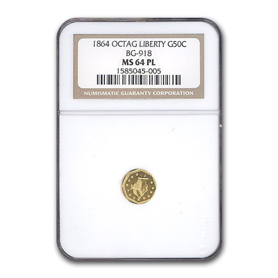1864 Liberty Octagonal 50 Cent Gold MS-64 NGC (PL, BG-918) 1864 Liberty Octagonal 50 Cent Gold MS-64 NGC (PL, BG-918)