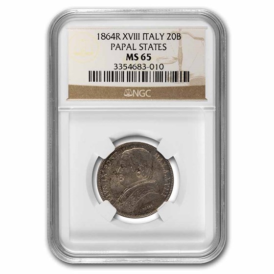 1864-R Papal States 20 Baiocchi Pius IX MS-65 NGC 1864-R Papal States 20 Baiocchi Pius IX MS-65 NGC