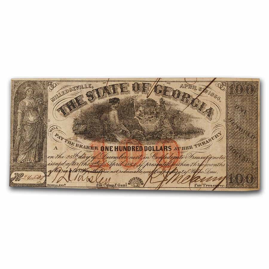 1864 State of Georgia, Milledgeville $100 Note VF