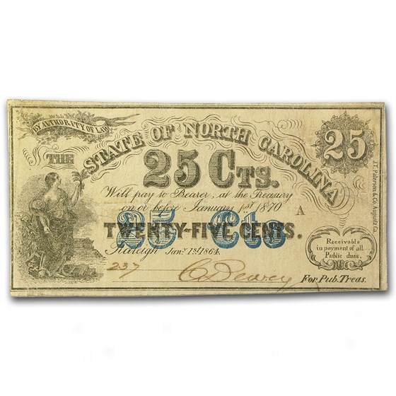 1864 The State of North Carolina 25 Cents Cr#150 EF 1864 The State of North Carolina 25 Cents Cr#150 EF