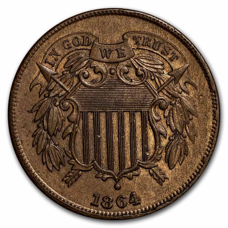 1864 Two Cent Piece Large Motto BU (Brown)