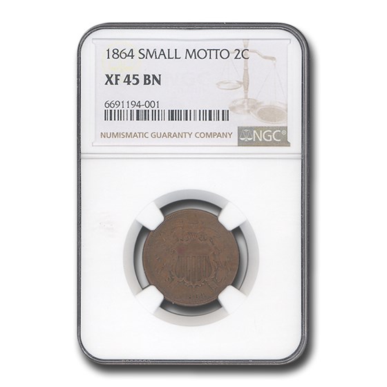 1864 Two Cent Piece Small Motto XF-45 NGC (Brown)